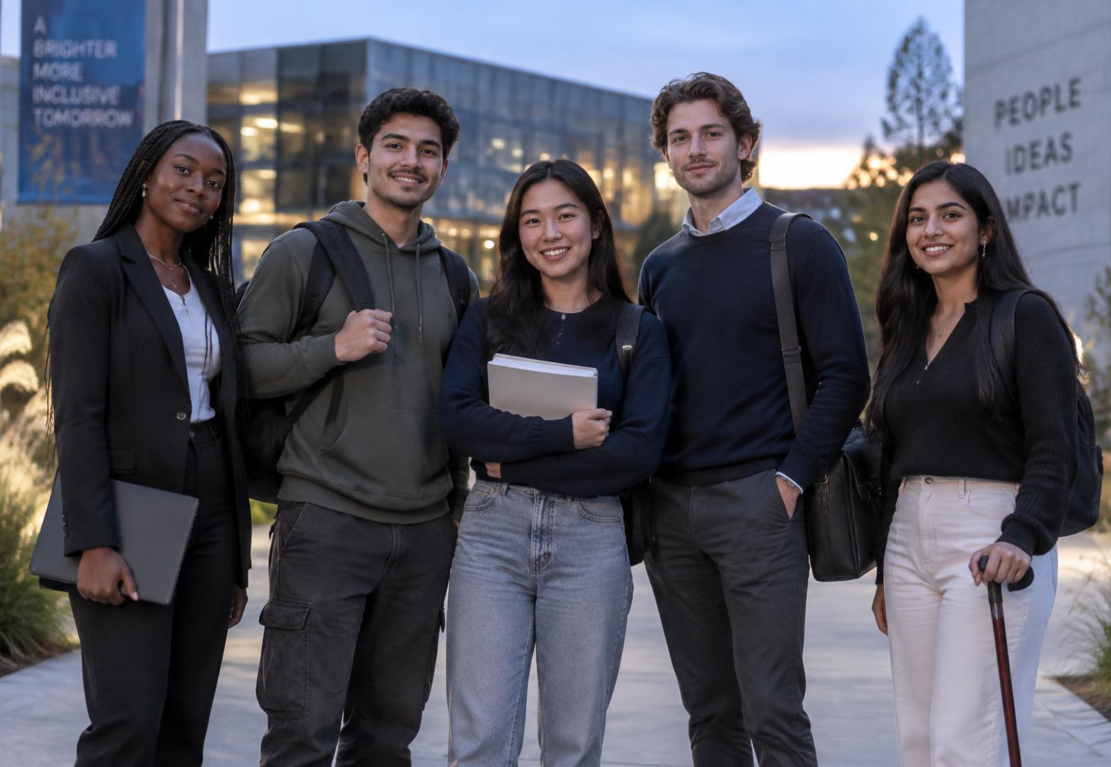 Students and young professionals on a university campus