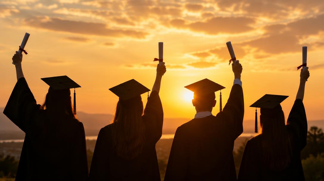 Graduates celebrating at sunset